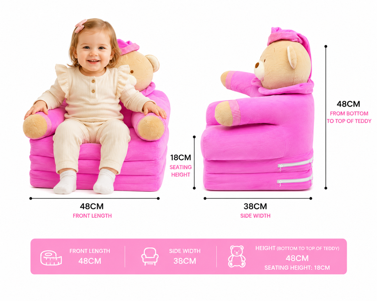 2-in-1 Kids Plush Sofa Chair & Lounger – Pink Bear