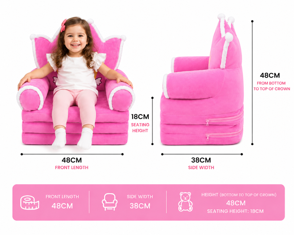 2-in-1 Kids Plush Sofa Chair & Lounger – Pink Princess